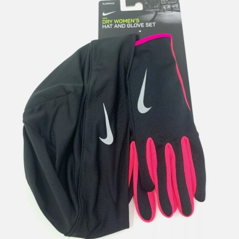 NIKE Women's Run Dri Running Hat & Glove Set ~ Black Hyper Pink Silver - XS/S